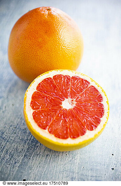 Fresh chopped grapefruit on wood