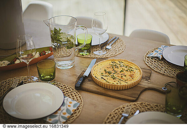Fresh quiche ready on dining table