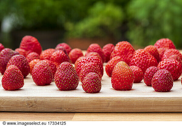 Fresh ripe strawberries on wooden cutting board