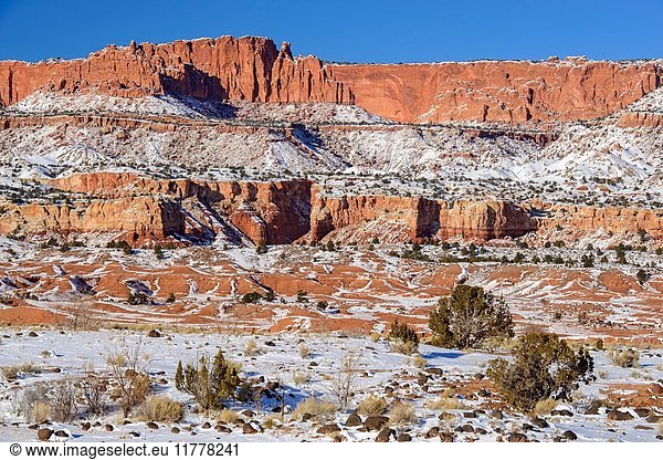 Fresh snow on the Rim Rock formations  Capitol Reef National Park  Utah  USA.