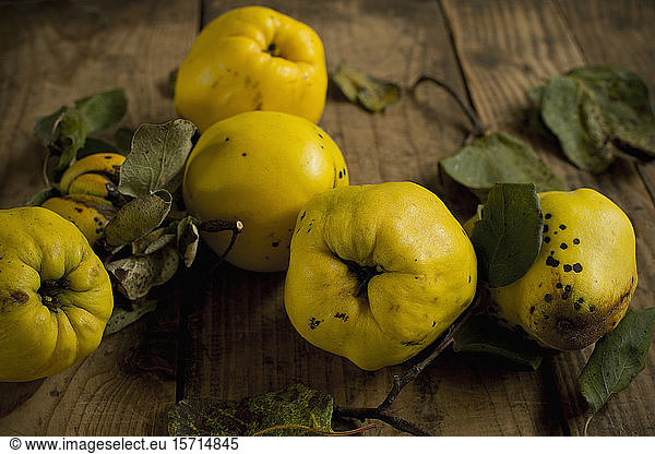 Fresh yellow quinces lying on wooden surface