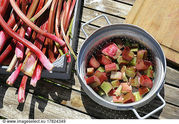 Freshly peeled and cut rhubarb stalks