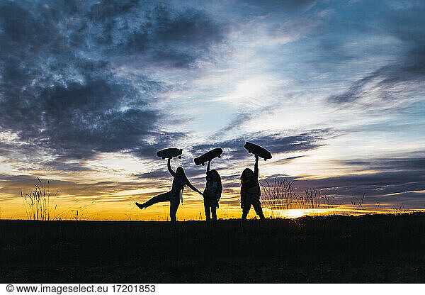 Freundinnen halten Skateboards bei Sonnenuntergang
