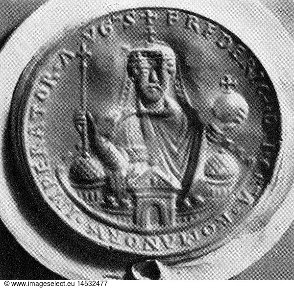 Friedrich I. 'Barbarossa'  um 1123 - 10.6.1190  RÃ¶m.- Deut. Kaiser 18.6.1155 - 10.6.1190  Halbfigur  Bulle  Gold  12. Jahrhundert  Staatsarchiv  MÃ¼nchen