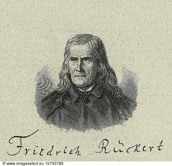 Friedrich Rückert; German poet; Schweinfurt 16.5.1788 – Neuses near Coburg 31.1.1866. Portrait (with signature). Wood engraving after painting  1864  by Bertha Froriep (1833–1870).