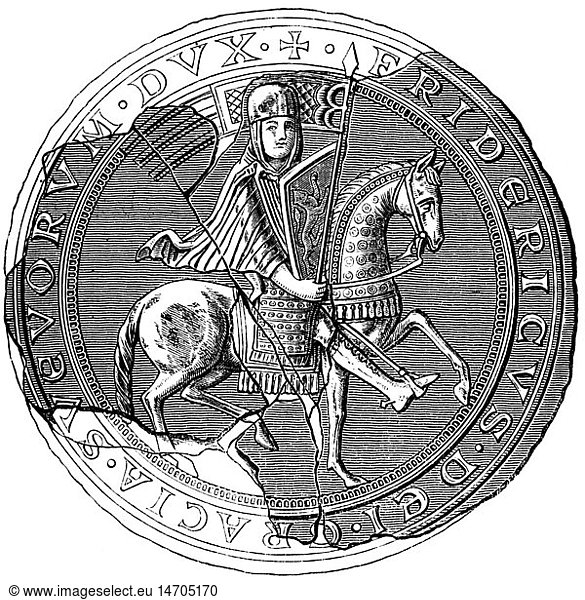 Friedrich V.  1167 - 20.1.1191  Herzog von Schwaben 1170 - 20.1.1191  Reiterbildnis  Siegel  um 1280  Xylografie  19. Jahrhundert
