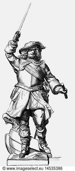Friedrich Wilhelm  16.2.1620 - 9.7.1688  der 'GroÃŸe KurfÃ¼rst' von Brandenburg 1.12.1640 - 9.5.1688  Ganzfigur  Denkmal  Skulptur von Wilhelm StÃ¼rmer nach Entwurf von Friedrich August StÃ¼ler  1854  PreuÃŸensÃ¤ule bei Neukamp  RÃ¼gen  Xylografie  19. Jahrhundert