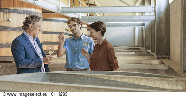 Friends barrel tasting wine in winery cellar