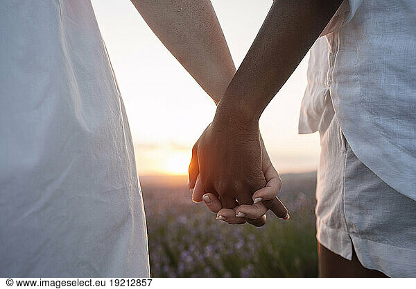Friends holding hands at sunset