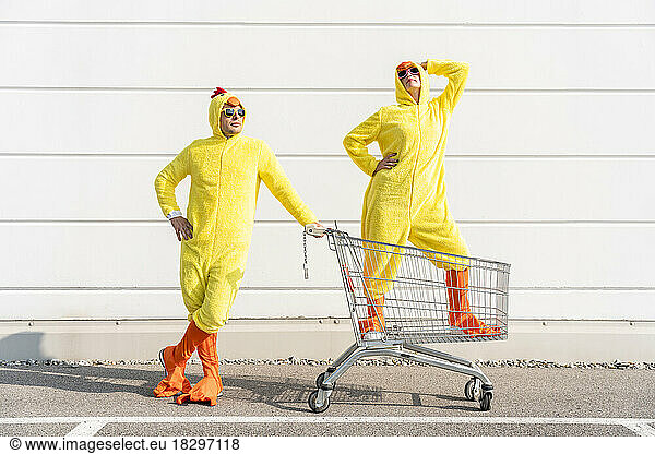 Friends in chicken costumes standing with shopping cart on sunny day