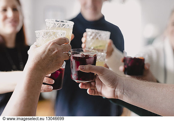 Friends toasting drinks in party at home