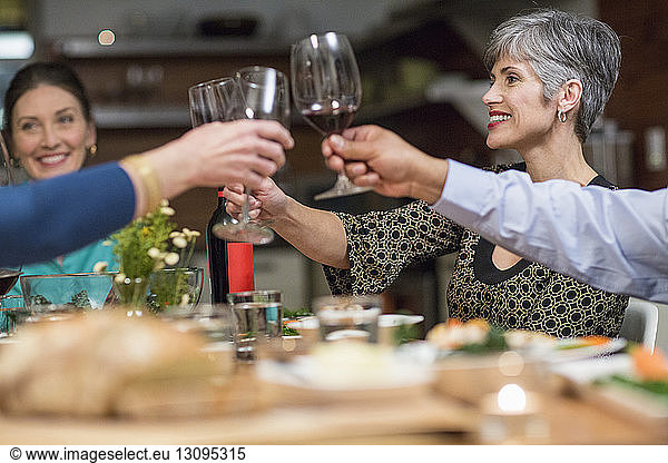 Friends toasting wineglass while sitting at table