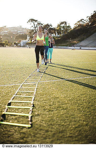 Friends training with agility ladder on sports field