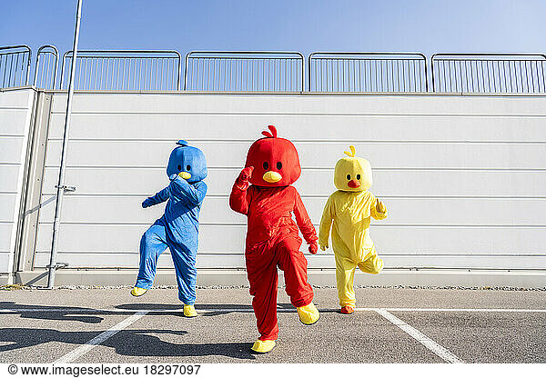 Friends wearing duck costumes dancing in front of wall on sunny day