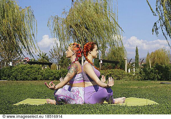 Friends wearing sports clothing meditating on grass in park