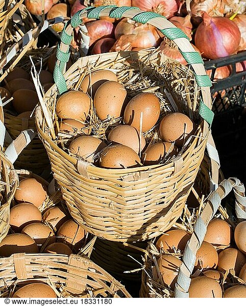 Frische Bio-Eier vom Bauernhof im Strohkorb