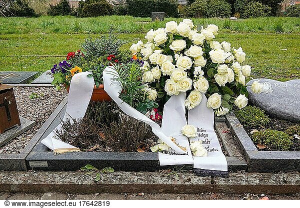 Frisches Grab  weiße Rosen  Friedhof