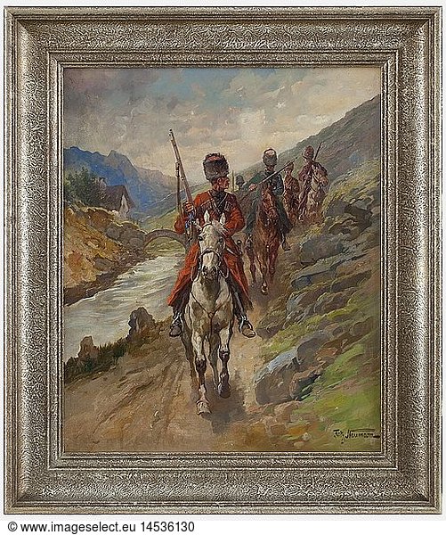 Fritz Neumann (1881 - ?)  Cossack Patrol Oil on hard fibre board. Armed troop of horsemen at a mountain river with bridge in the background. Signed on the lower right 'Fritz Neumann'. Dimensions of the picture 50 x 60 cm. In a profiled  silvered frame. Cf. a very similar picture of Fritz Neumann  Hermann Historica  auction 52  8 May 2007 (winning bid 2 100 euros). historic  historical  people  19th century  painting  paintings  fine arts  art  illustration  object  objects  stills  clipping  clippings  cut out  cut-out  cut-outs  man  men  male