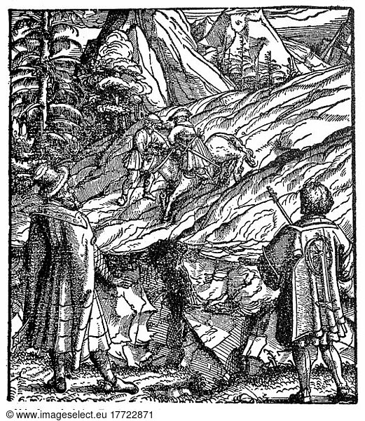 From Theuerdank: On the advice of Unfalo  a Bavarian makes the horse of Theuerdank shy in a dangerous place  1517  Historical  digital reproduction of an original from the 19th century