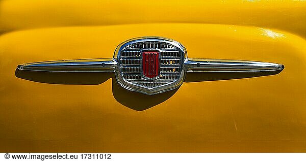 Front ornament  emblem  Fiat Nuova 500 Cinquecento  classic car  vintage car  Stuttgart  Baden-Württemberg  Germany  Europe
