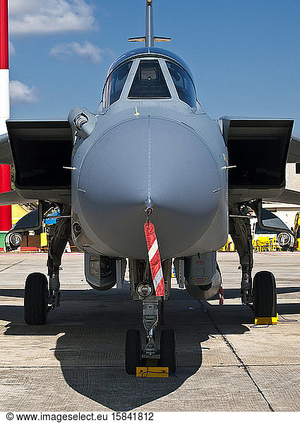 Front view of cockpit and nose section on Tornado jet fighter