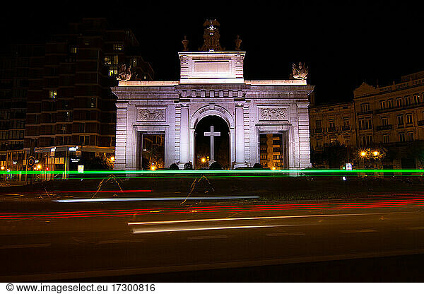 Front view of 'la Puerta del Mar' in Valencia  Spain  at night