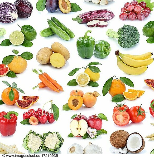 Fruit and vegetables fruits apple orange collage cropped square background isolated against a white background