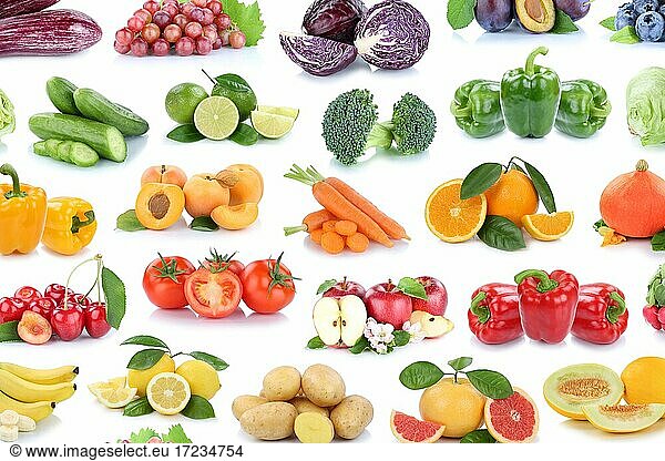 Fruit and vegetables fruits background apple tomatoes lemons oranges berries salad collage cropped against a white background