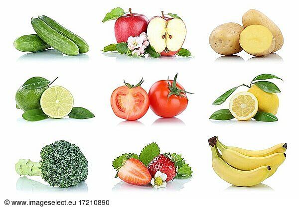 Fruit and vegetables fruits many apple tomatoes bananas colors cropped isolated against a white background