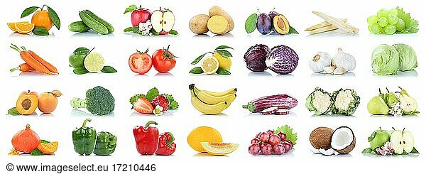 Fruit and vegetables fruits many apple tomatoes oranges lettuce lemon colors cropped isolated against a white background