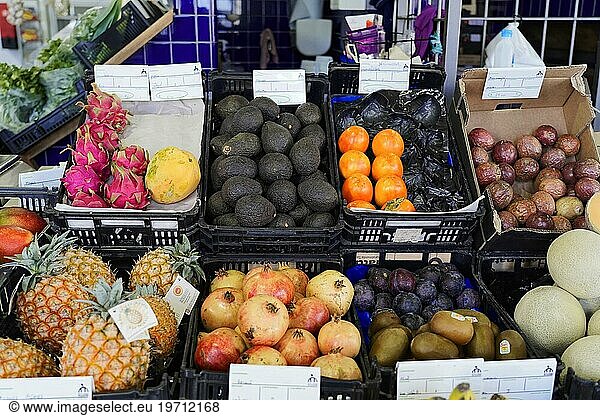 Fruit  vegetables  market stall  market hall  old town centre in Lagos  Algarve  Portugal  Europe