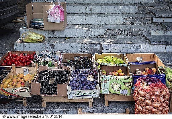 Fruits and vegetables stall on a sidewalk in Chisinau  capital of the Republic of Moldova.