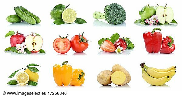Fruits fruits and vegetables apple tomatoes orange lemon bananas colors collection cropped isolated against a white background in Germany