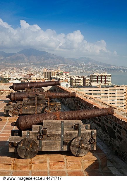 Fuengirola  Malaga Province  Costa del Sol  Spain View over the gun battery of Sohail castle to the city