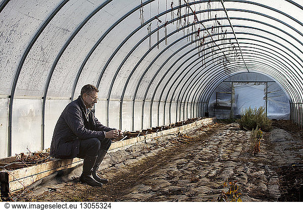 Full length of man sitting in damaged greenhouse