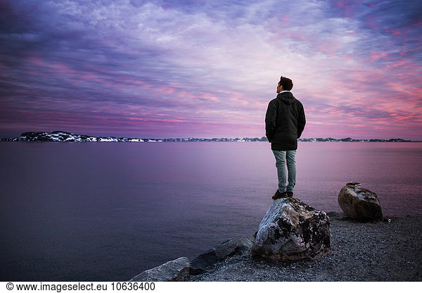 Full length rear view of man standing on rock overlooking sea during sunset