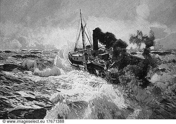 Full steam ahead  steamer on the stormy sea fighting the waves  thick column of smoke from the chimney  ship  historical  digital reproduction of an original from the 19th century