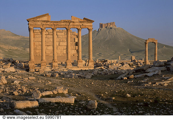 Funerary Bügel bei archäologischen Stätte und arabische Burg jenseits  Palmyra  UNESCO Weltkulturerbe  Syrien  Naher Osten