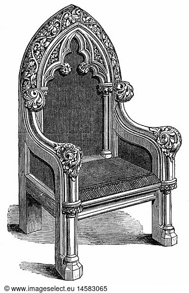 furnishings  chairs  gothic chair  by Williams and Lumsden  design by Mr. Christian  wood engraving  19th century  historic  historical  piece of furniture  pieces of furniture  furniture  seating furniture  ornamented  clipping  cut out  cut-out  cut-outs  architecture  interior design  historic  historical  crimson velvet  oak  oaken  carved  carving  carvings
