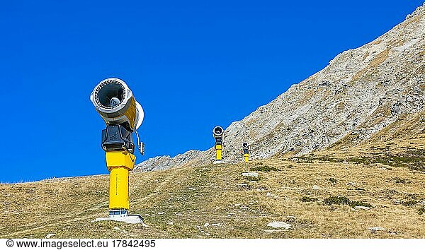 Futuristic snow cannons in the Merano 2000 ski and hiking area  near Merano  South Tyrol  Italy  Europe