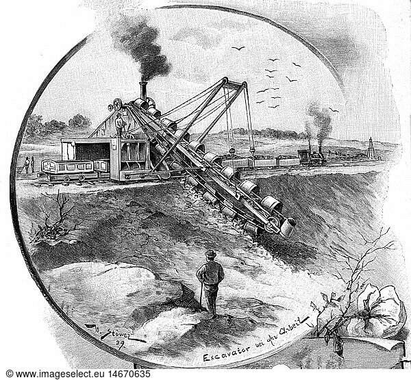 G hist.  Bergbau  Maschinen  Eimerkettenbagger  Xylografie nach Zeichnung von Willy StÃ¶wer  Deutschland  1889