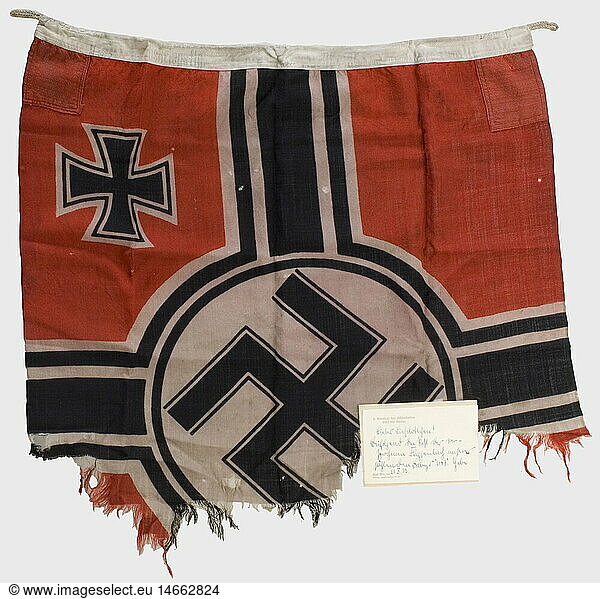 Günther Prien - a fragment of the U-47's flag naval banner cloth  printed on both sides with a sewn in hoistline. The markings 'Reichskriegsflg.'  an illegible size (80 x ???)  the naval acceptance mark  maker  and boat designation 'Flg. Bst. U47' are printed (washed out) along the hoist edge. Ca. 75 x 65 cm. It comes with a letter of transmission to his sister in the form of a letter card  dated 'Kiel-Wik  20. X. 39' and headed '2. Admiral der Ostseestation - Chef des Stabes' (2nd Admiral of the Baltic Station - Chief of Staff). 'Dear Little Lieselotte  Enclosed are what's left of the promised flag of our steel baby  the 'U 47'. Fly it well! All the best  Your Günther'. Written in his own hand in blue ink  Writing mistakes. Below 'Very best wishes  see you later  Bertl Endraß' 10.5 x 16 cm. In an envelope addressed to' Mis historic  historical  1930s  20th century  navy  naval forces  military  militaria  branch of service  branches of service  armed forces  armed service  object  objects  stills  clipping  clippings  cut out  cut-out  cut-outs  flag  flags  insignia  symbol  symbols  emblem  emblems