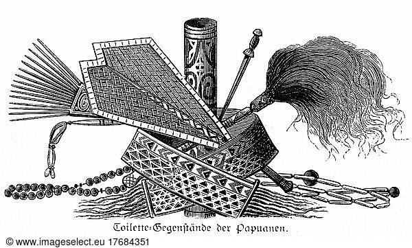 Gürtel  Halskette  Kultur  Papua  Gegenstand  historische Illustration 1881  Ozeanien