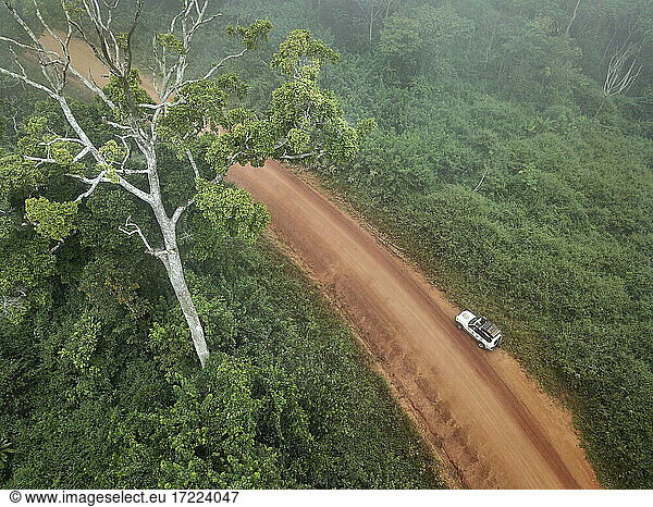 Gabon  Mikongo  Aerial view of 4x4 car parked on dirt road in middle of jungle