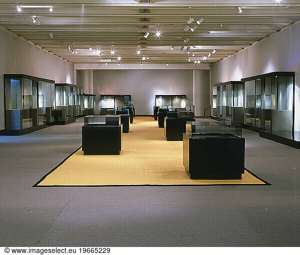 Gallery space and podiums  an empty art gallery with exhibition cases.