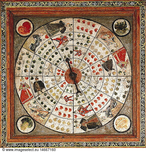 game and gambling  board games  poch board with needle roulette  backside  bismuth and tempera on beech panel  Southern Germany  1583