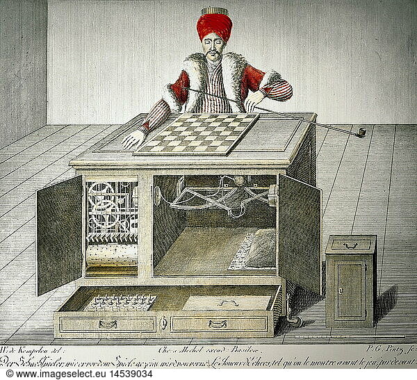 game and gambling  gaming machines  chess playing Turk  design by Wolfgang von Kempelen (1734 - 1804)  built by Christoph Mechel  1769  colour engraving  circa 1780  private collection  historic  historical  Europe  Germany  Switzerland  18th century  machine  mechanism  mechanics  fraud  Mechanical Turk  automat  invention  gamble  chess player  board game  people