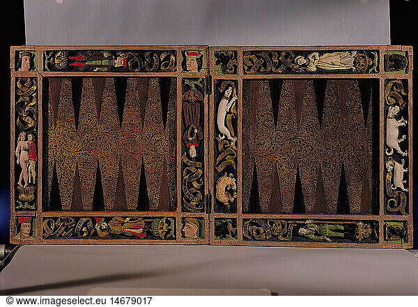 game  backgammon  board  lime tree wood  South Germany  circa 1500  painting 1603  Bavarian National Museum  Munich  games  gambling  fine arts  craft  handcraft  15th/16th century  historic  historical  middle ages