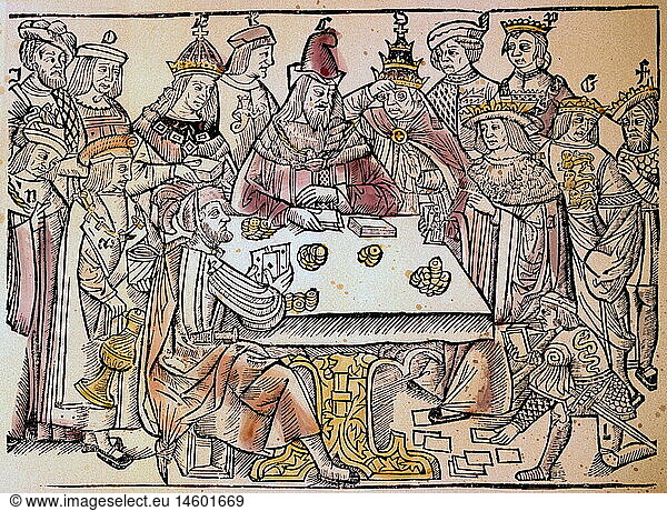 game  cards  politics as game of the European kings  princes and the pope  French copper engraving  coloured  late 15th century  private collection  historic  historical  Middle Ages  game of chance  hazard  money  coins  gold  playing  medieval  people