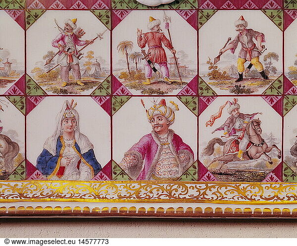 game  chess  board and pieces by Johann Joachim Kandler  painted porcelain  detail  turks  Meissen manufactory  Bavarian National Museum  Munich  Turkish soldiers  sultan  sultana  games  fine arts  craft  handcraft  Germany  18th century  historic  historical  people